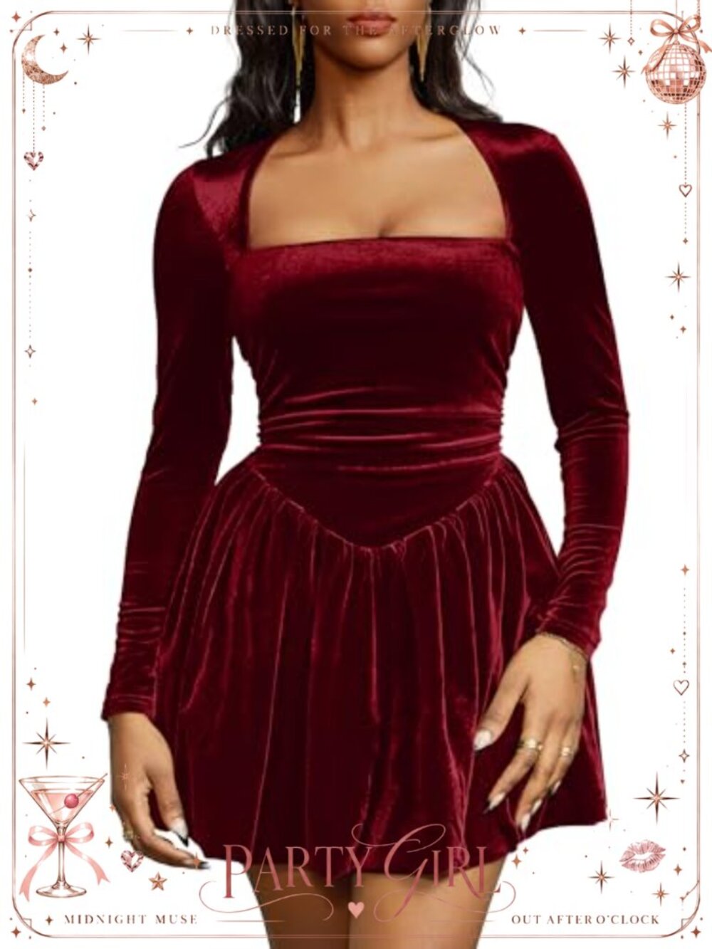 Women's Long Sleeve Square Neck Velvet Bubble Mini Cocktail Party Dress